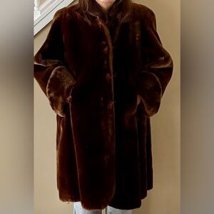 Vtg 1950's Dark Brown Lined Mouton Sheared Lamb Fur Swing Coat Size L